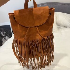 Collab vegan leather brown fringed backpack